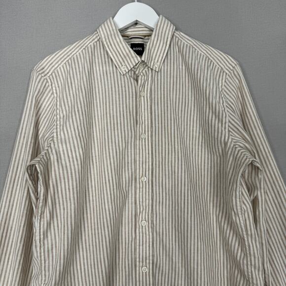 BOSS Shirt Mens Large White Striped Slim Fit Linen Blend Button Up Prep Nautical - Picture 2 of 16